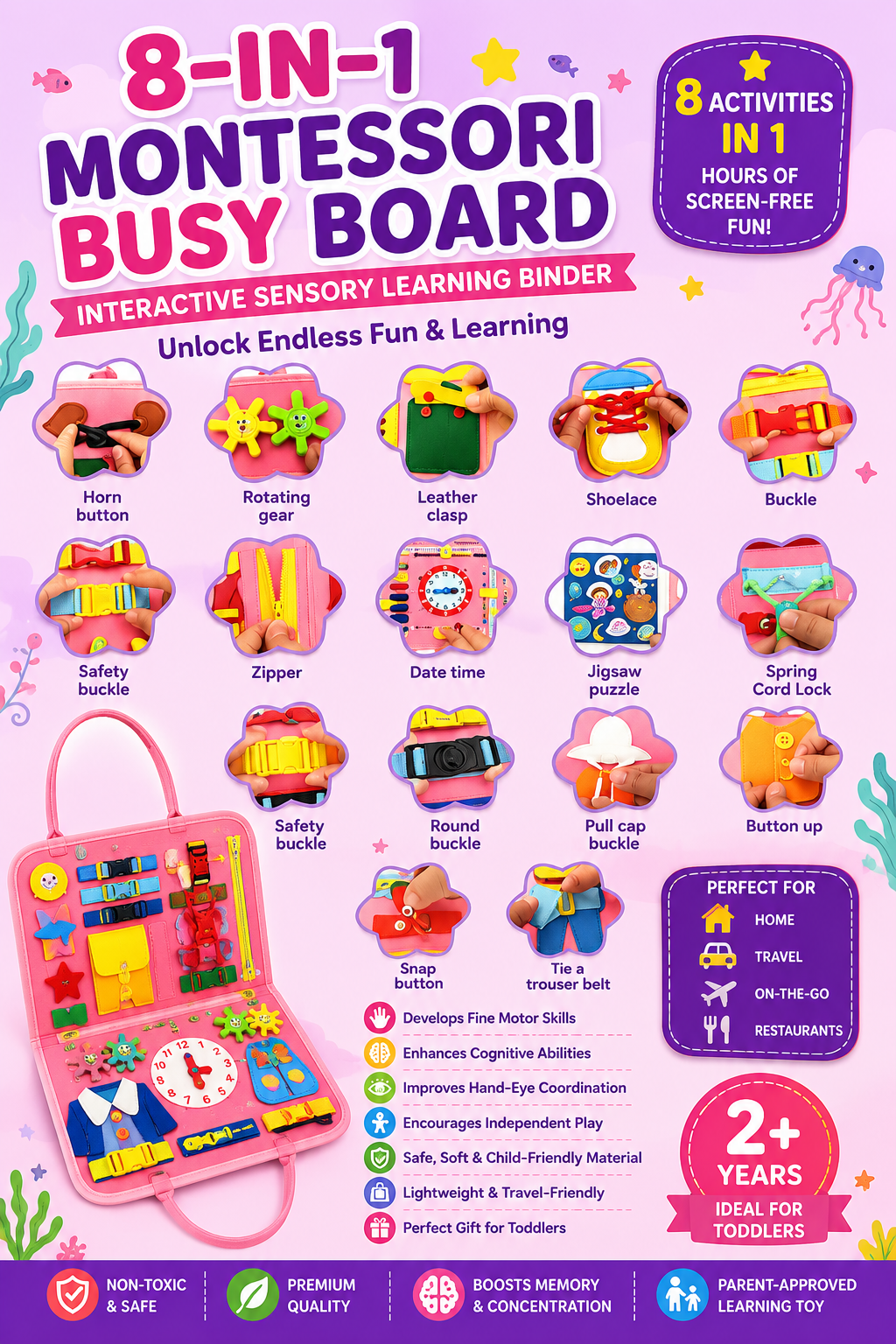 🧠 8-in-1 Montessori Busy Board | Interactive Sensory Learning Binder for Kids