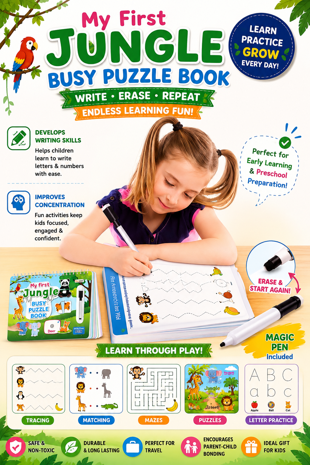🦁My First Jungle Busy Puzzle Book| Reusable Learning & Activity Book with Magic Pen ✏️📚