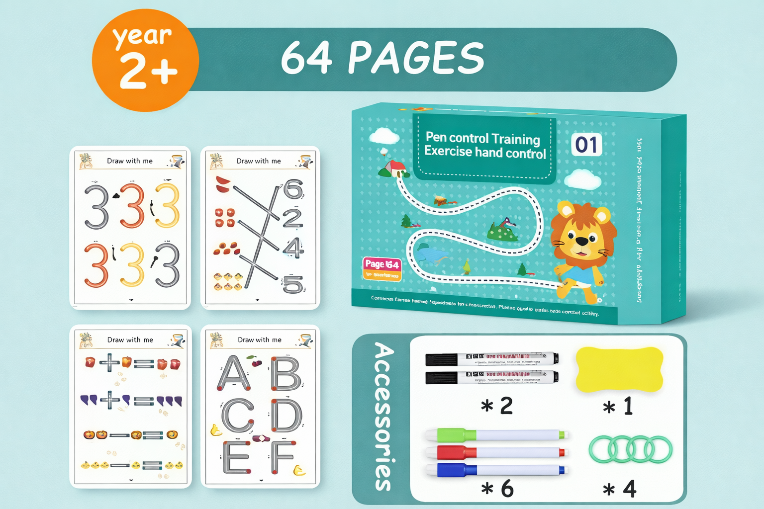 64 Pages Magic Tracing Workbook Set for Kids | Reusable Handwriting Practice Book with Magic Pen | Alphabet, Numbers & Early Learning