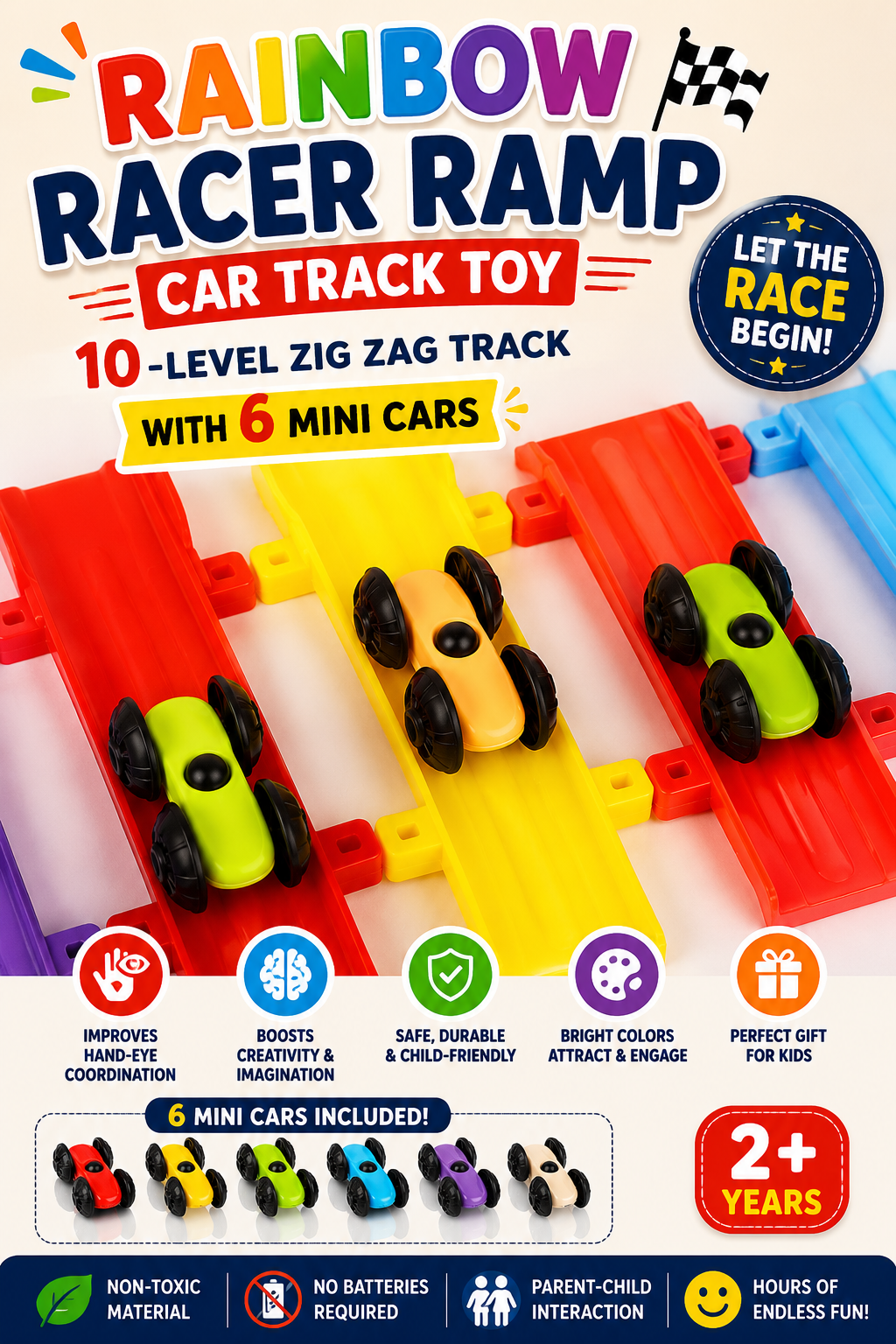 🚗Rainbow Racer Ramp Car Track Toy | 10-Level Zig Zag Track with 6 Mini Cars 🏁🎉
