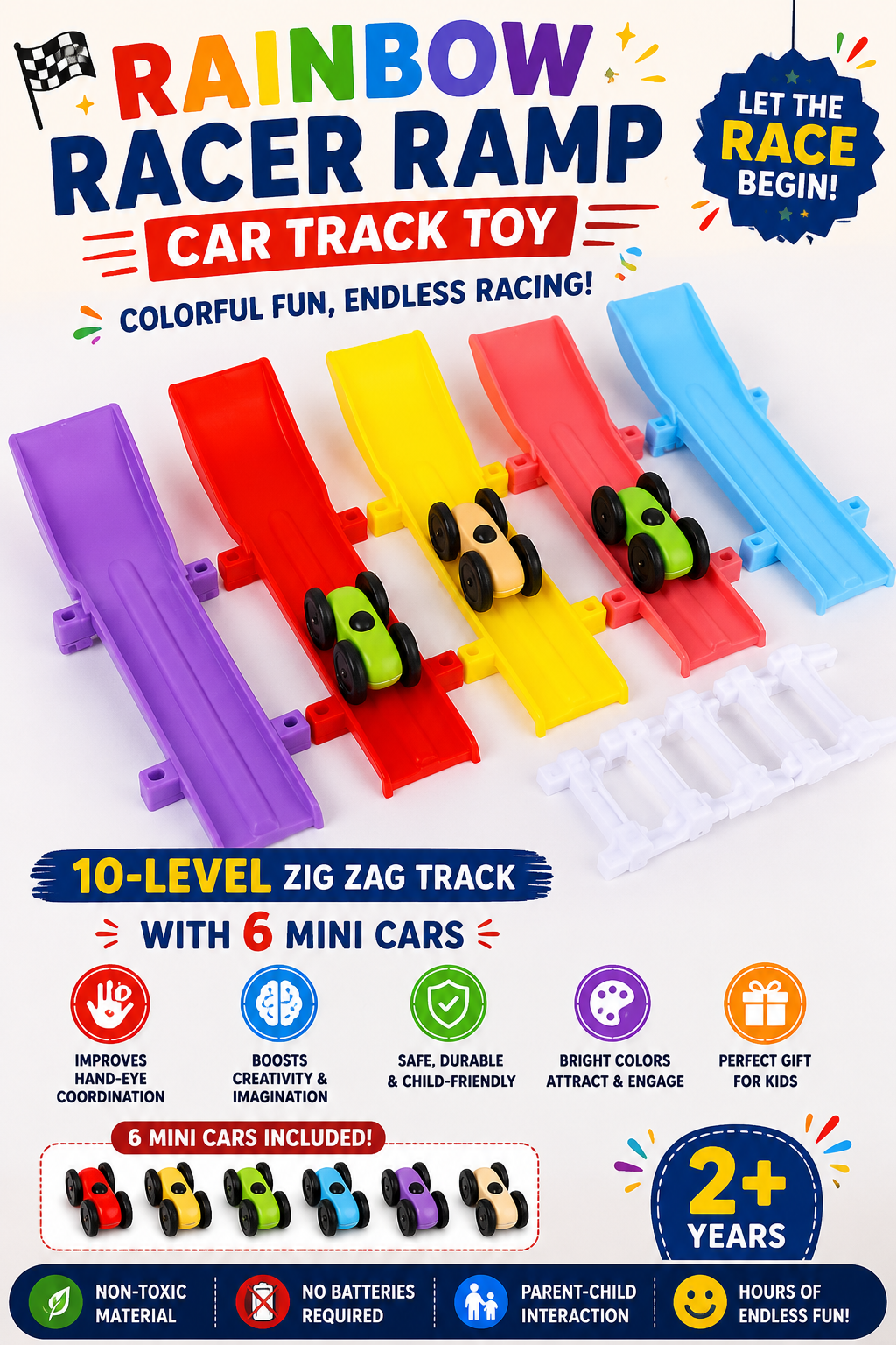 🚗Rainbow Racer Ramp Car Track Toy | 10-Level Zig Zag Track with 6 Mini Cars 🏁🎉