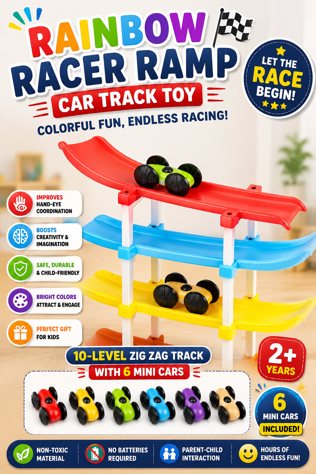 🚗Rainbow Racer Ramp Car Track Toy | 10-Level Zig Zag Track with 6 Mini Cars 🏁🎉