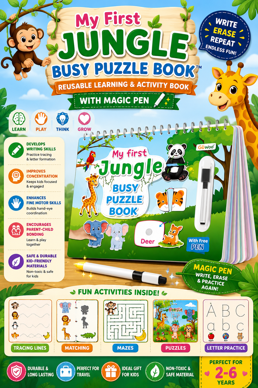 🦁My First Jungle Busy Puzzle Book| Reusable Learning & Activity Book with Magic Pen ✏️📚
