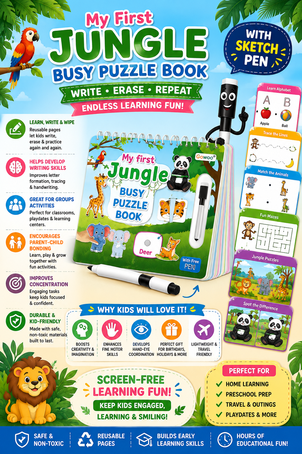 🦁My First Jungle Busy Puzzle Book| Reusable Learning & Activity Book with Magic Pen ✏️📚