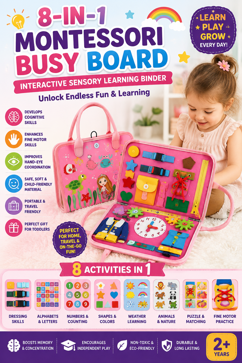 🧠 8-in-1 Montessori Busy Board | Interactive Sensory Learning Binder for Kids