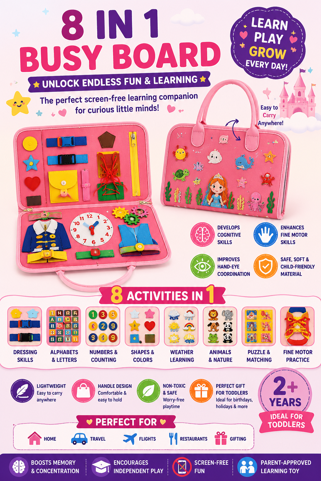 🧠 8-in-1 Montessori Busy Board | Interactive Sensory Learning Binder for Kids