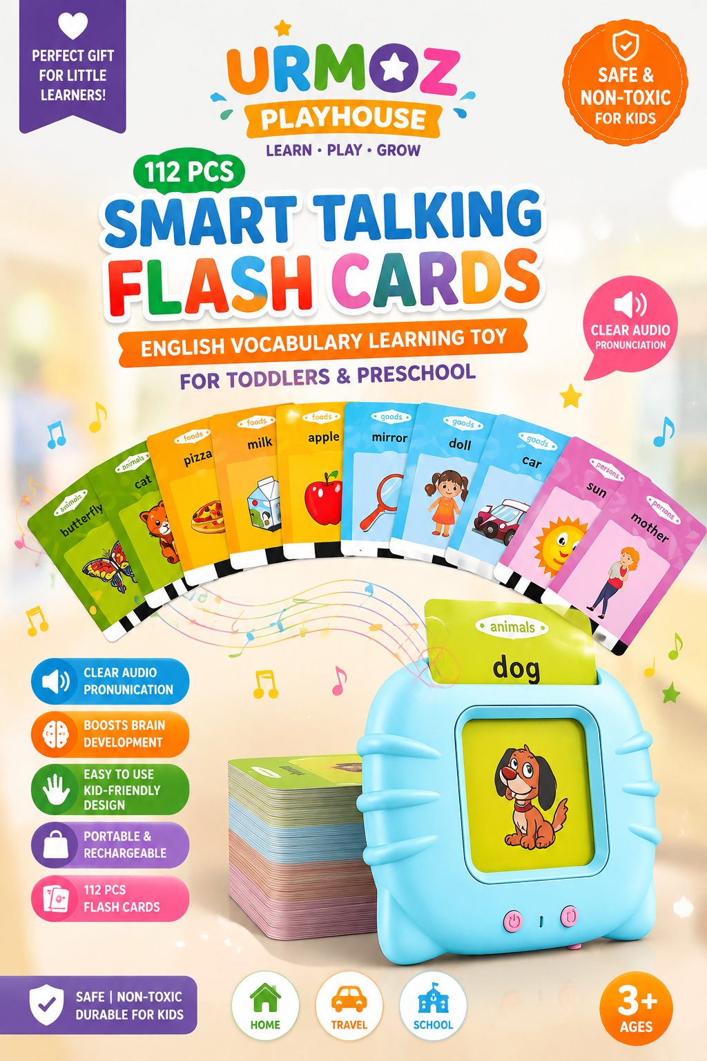112 PCS Smart Talking Flash Cards for Kids – English Vocabulary Learning Toy for Toddlers & Preschool