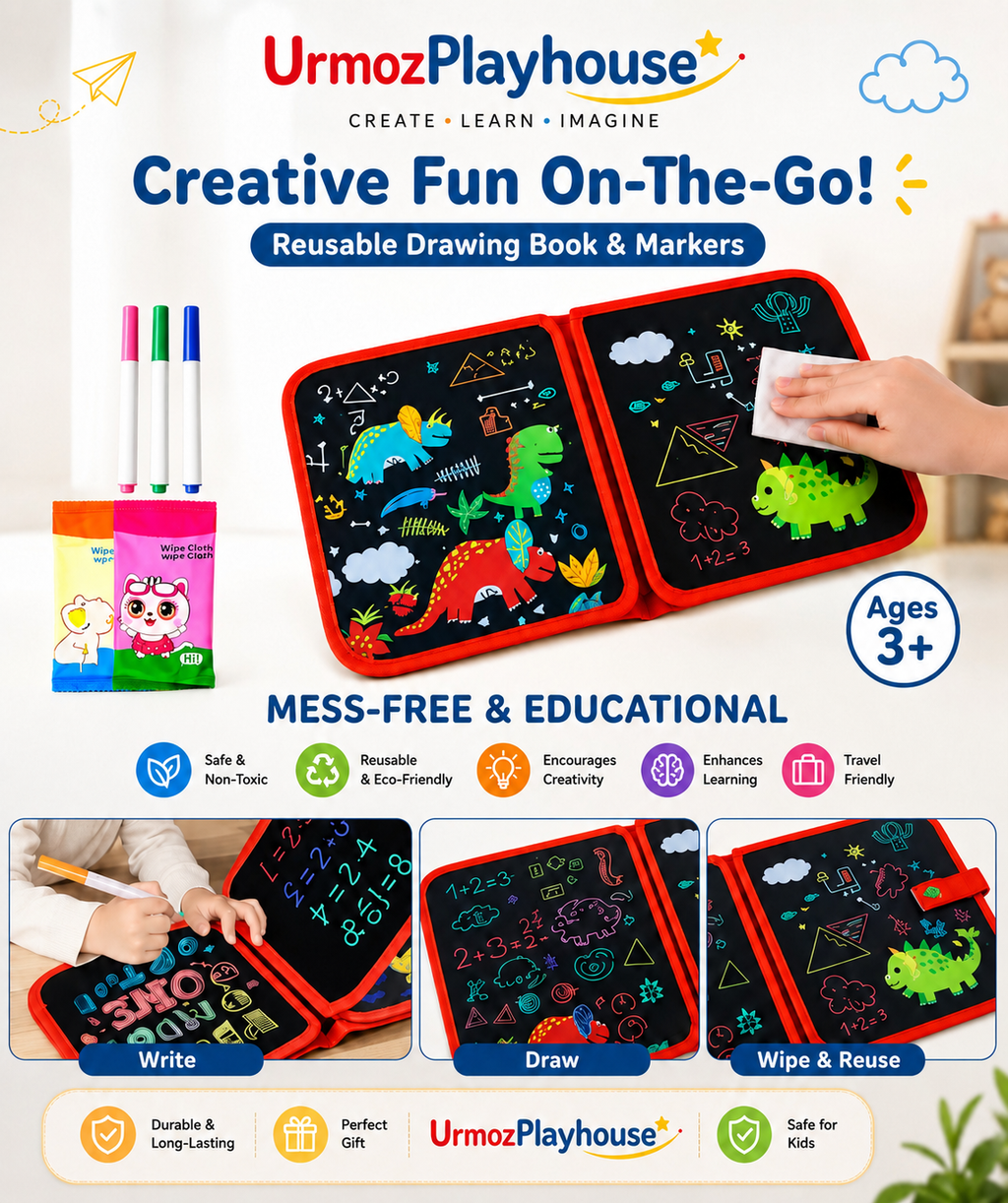 ✨🎨 Magic Reusable Doodle Drawing Book for Kids 🖍️ | 3 Color Pens & Wipe Cloth